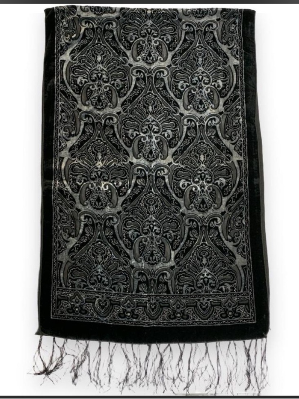 Black Velvet Burnout Scarf Wrap Devoré Baroque Fringe Grey Sparkly Paisley Witch